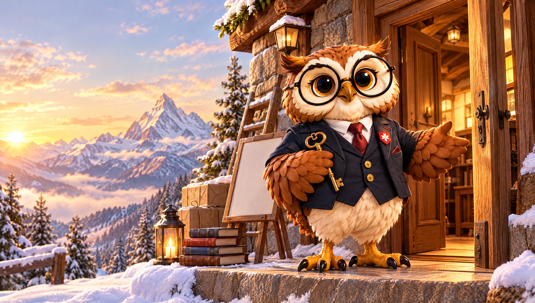 Helve the owl, ALPERN's mentor, welcomes visitors at the door of an alpine academy